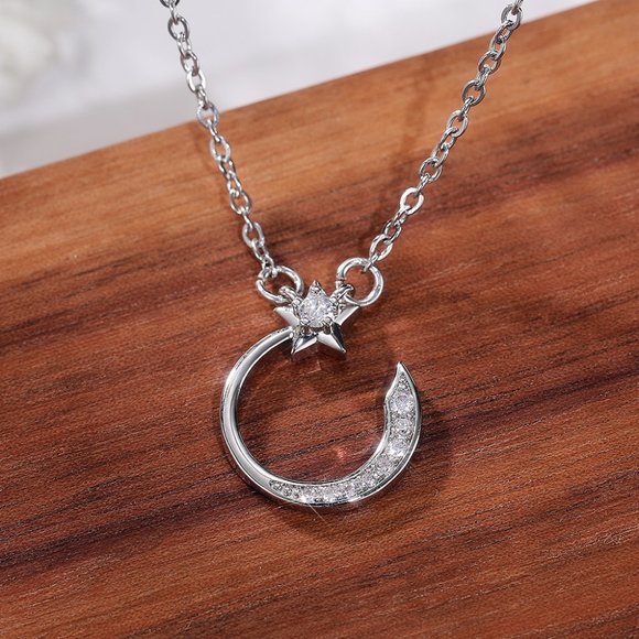 Crystal Shiny Micro Pave Moon Star Silver Trendy Necklace for Women, INDN8646 - Picture 6 of 6